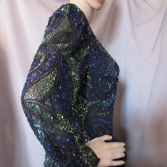 SALE Sparkly Special Event Beaded Top Swirly Blue Green Black - Picture 9 of 11